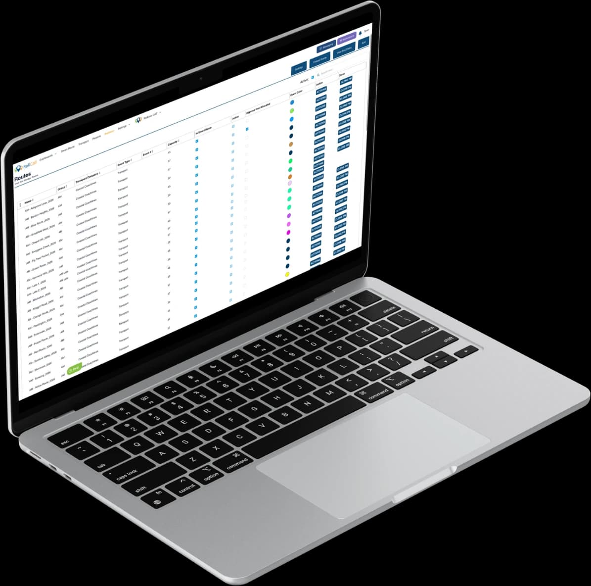 The RollCall Routes screen listing school bus routes and their allocations